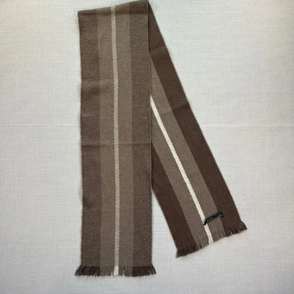 Made in Italy Mens Striped Wool Blend‎ Scarf Brown Tan Fringed Winter Accessory